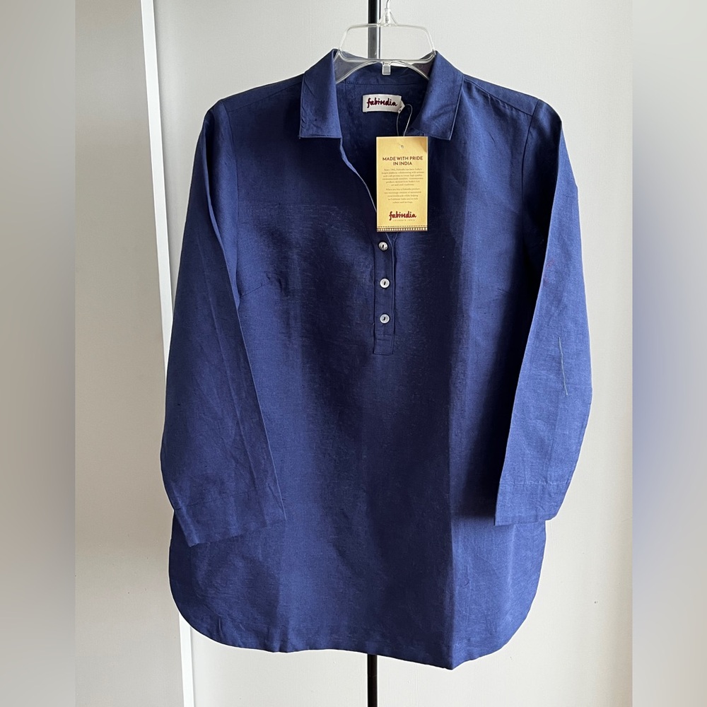 NWT Fabindia women's tunic blouse top linen blend purplish blue collared Medium